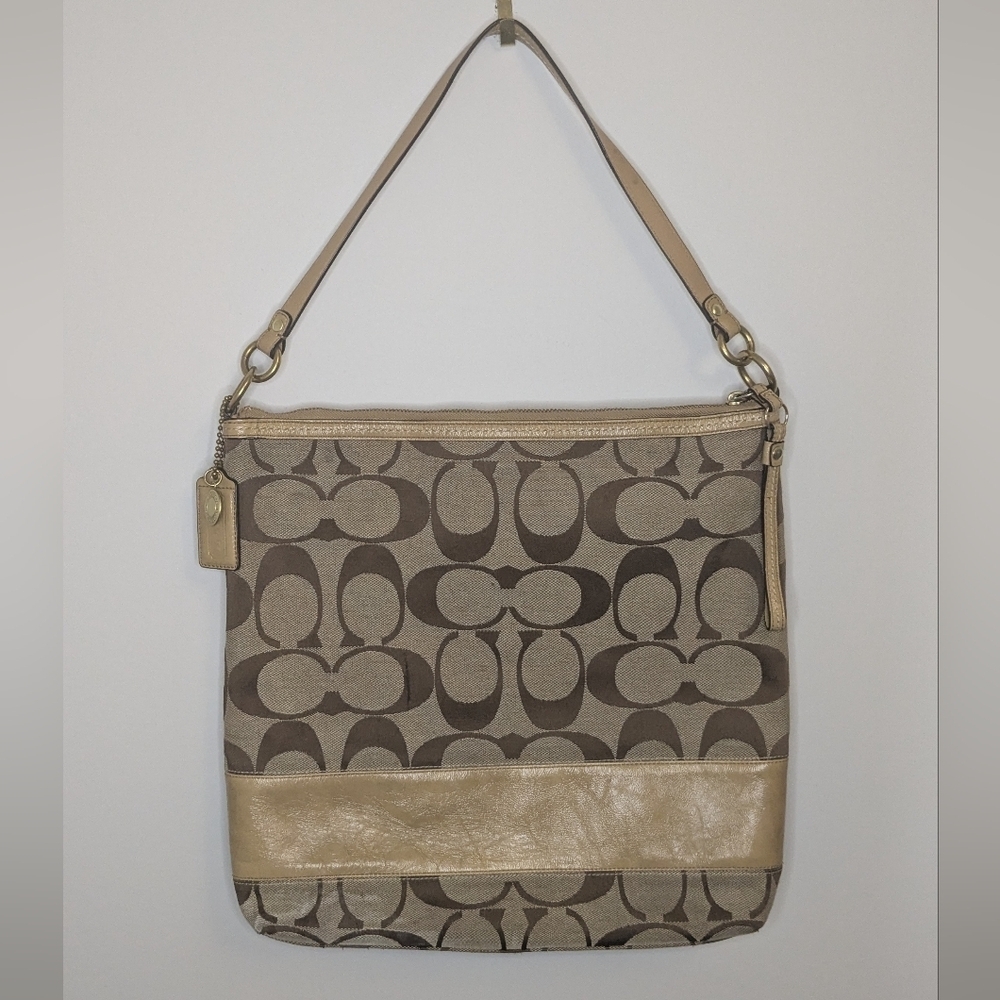 Coach Hallie Signature Canvas Large Shoulder Bag - Brown, tan, pink